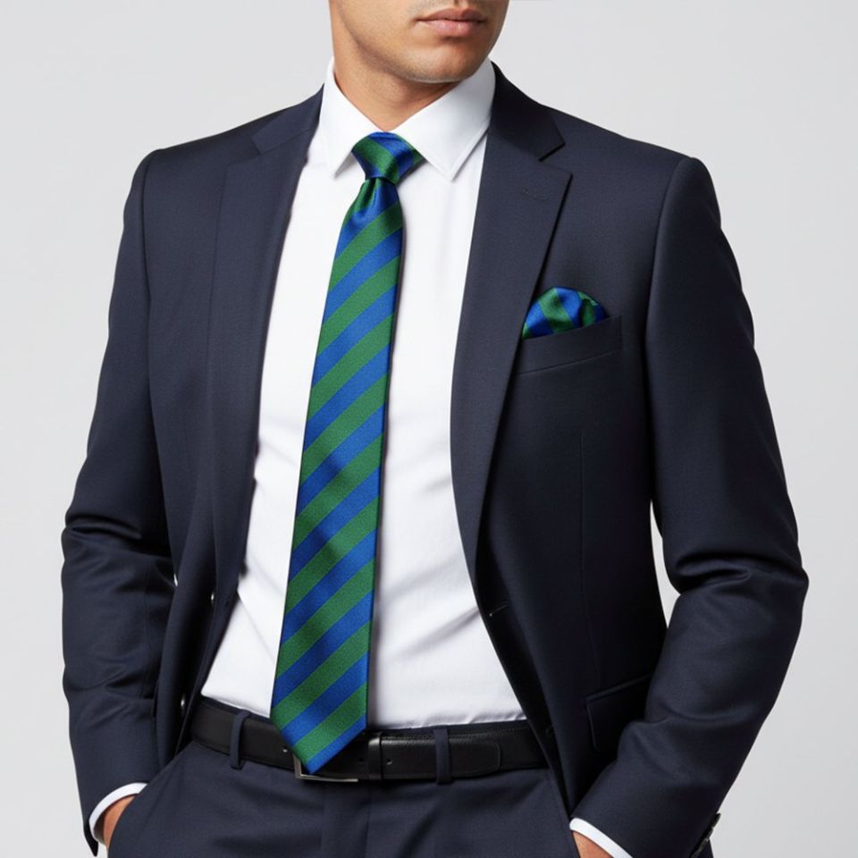 Blue and Green Striped Classic Men's Tie and Pocket Square Set