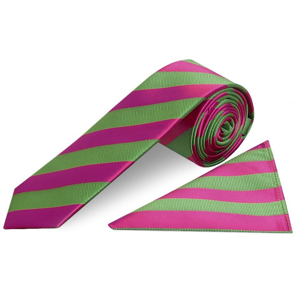 Pink and Lime Striped Skinny Men's Tie and Pocket Square Set