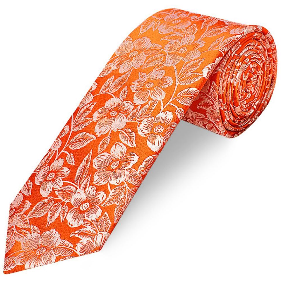 Mens Orange Floral Silk Classic Tie