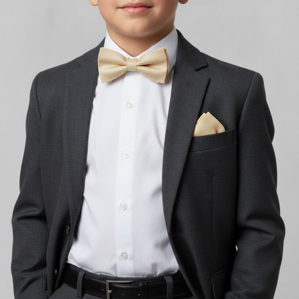 Pre Tied Champagne Textured Silk Boys Bow Tie and Pocket Square Set