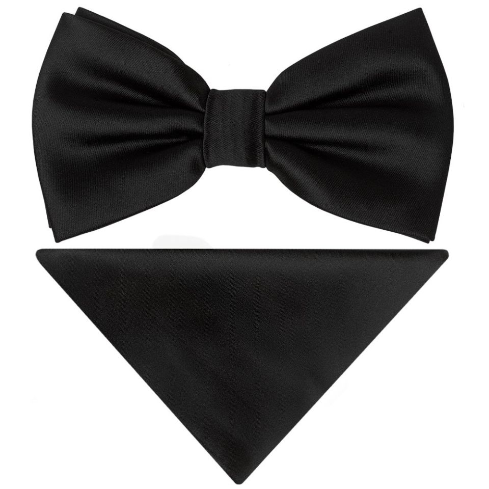 Men’s Plain Black Satin Bow Tie with Pocket Square & Braces Set