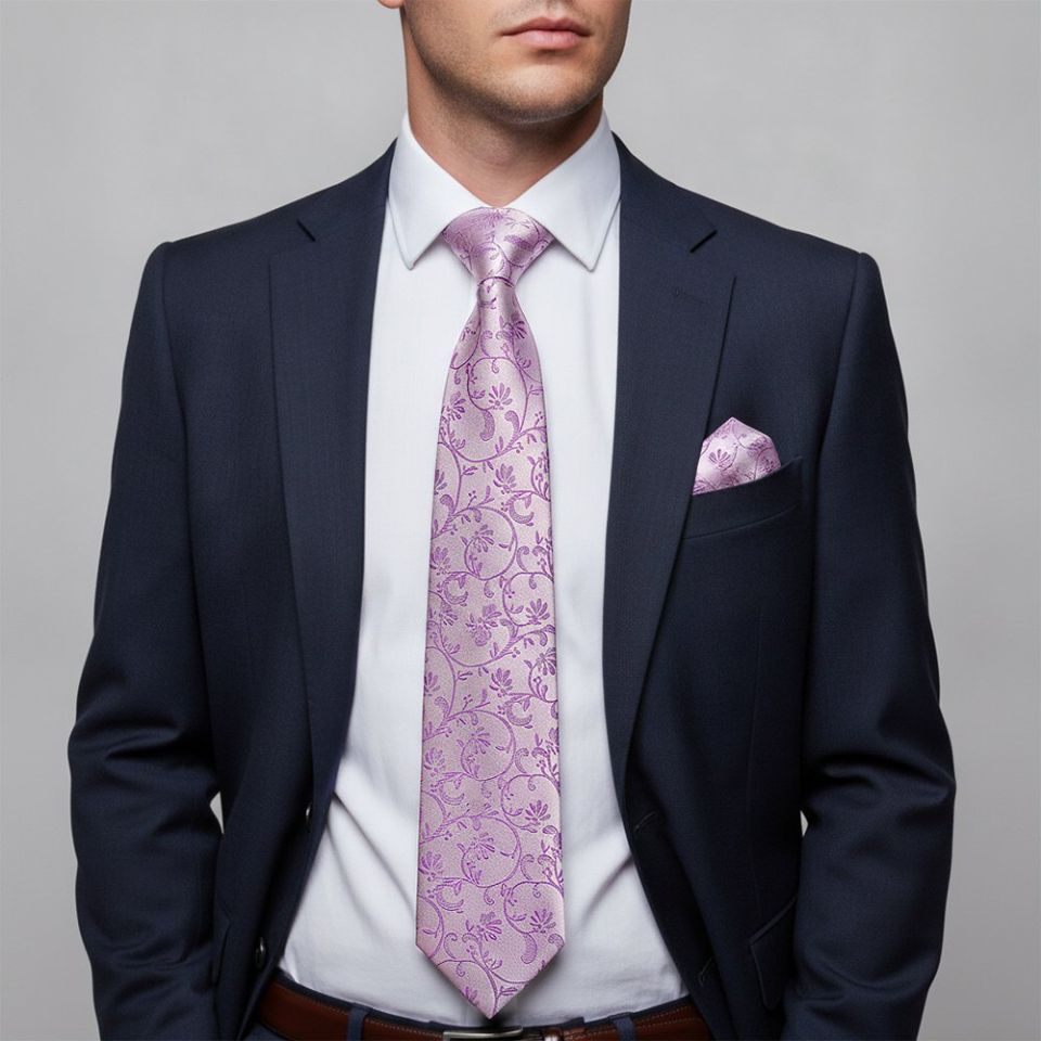 Lilac Floral Classic Men's Tie and Pocket Square Set