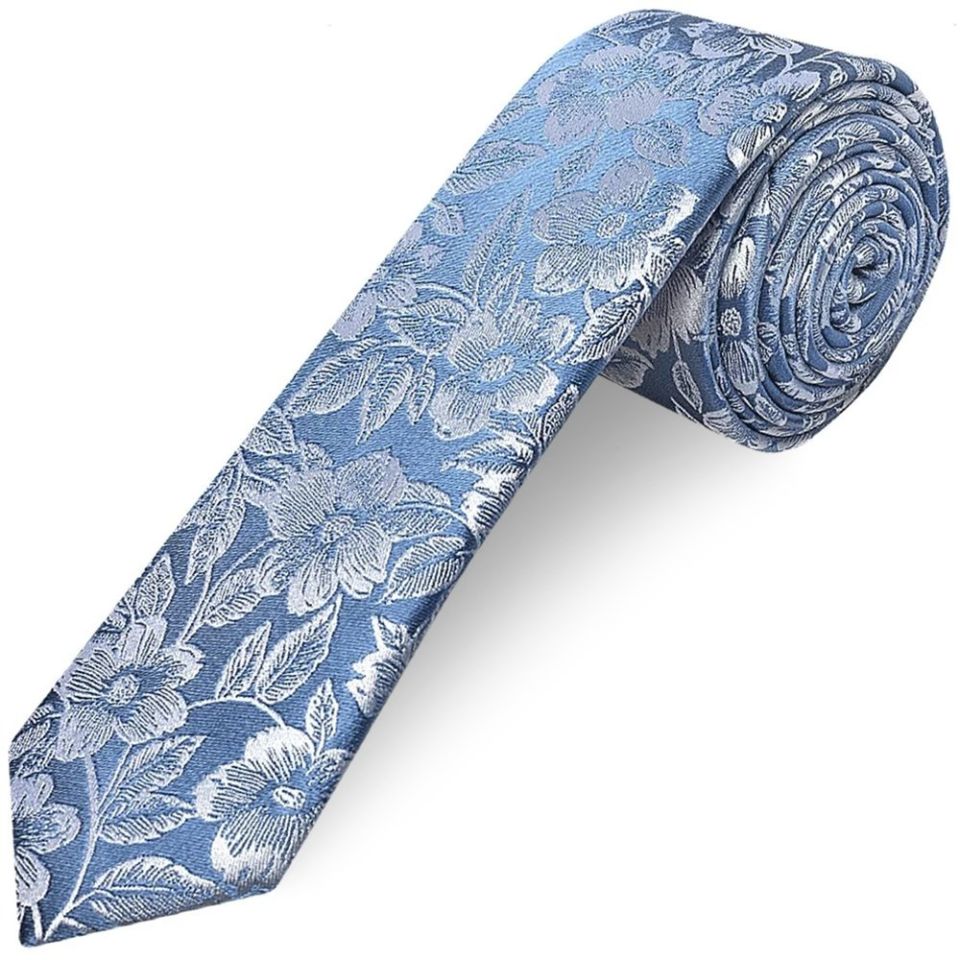 Mens Dusty Blue Floral Silk Skinny Tie and Pocket Square
