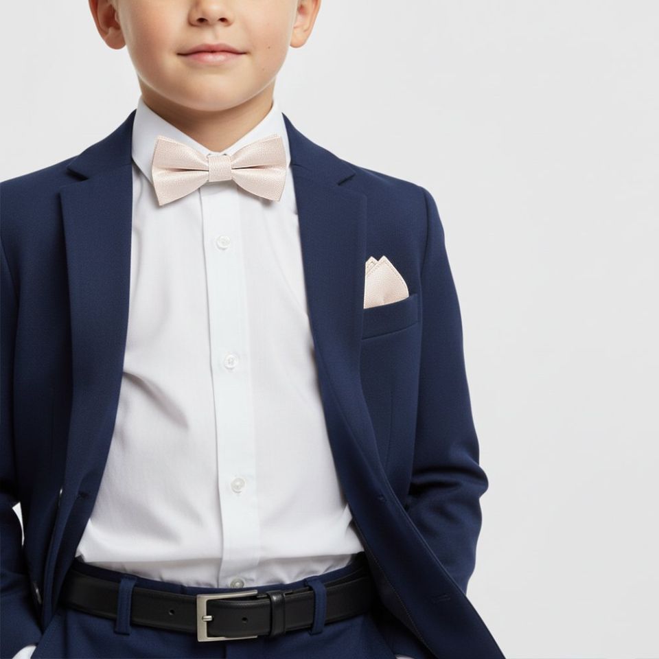 Pre Tied Blush Textured Silk Boys Bow Tie and Pocket Square Set Age 4-7