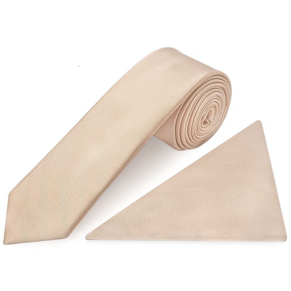 Plain Nude Satin Skinny Men's Tie and Pocket Square Set