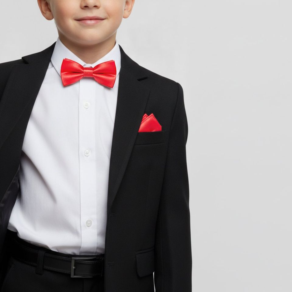 Pre Tied Coral Pink Satin Boys Bow Tie and Pocket Square Set
