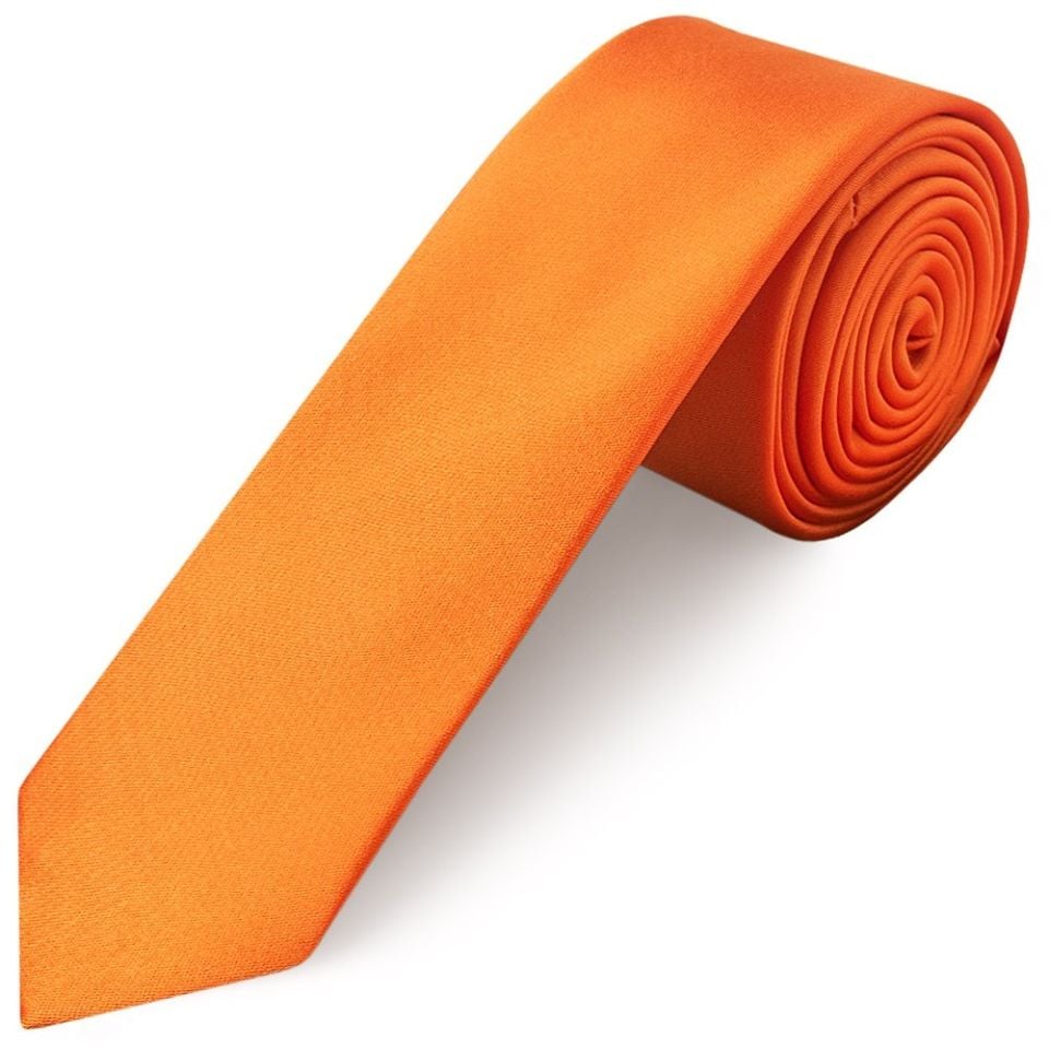 Plain Orange Satin Skinny Men's Tie and Pocket Square Set