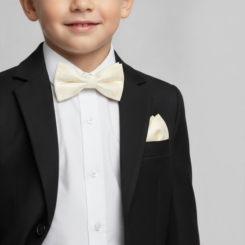 Pre Tied Ivory Floral Boys Bow Tie and Pocket Square Set Age 4-7