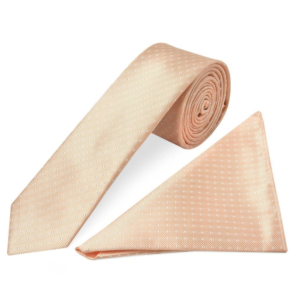 Peach and White Polka Dot Skinny Boys Tie and Pocket Square Set