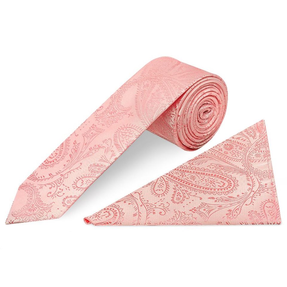Light Pink Paisley Skinny Men's Tie and Pocket Square Set