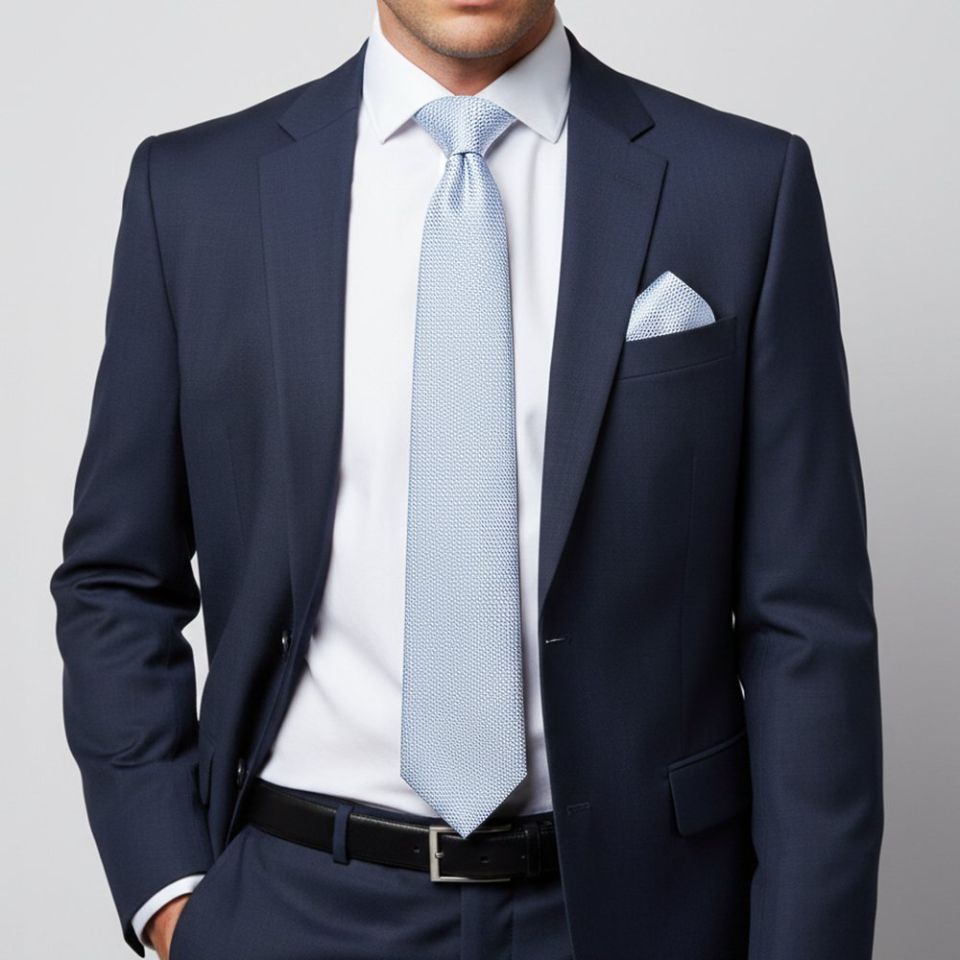 Plain Blue Grenadine Silk Classic Men's Tie and Pocket Square Set