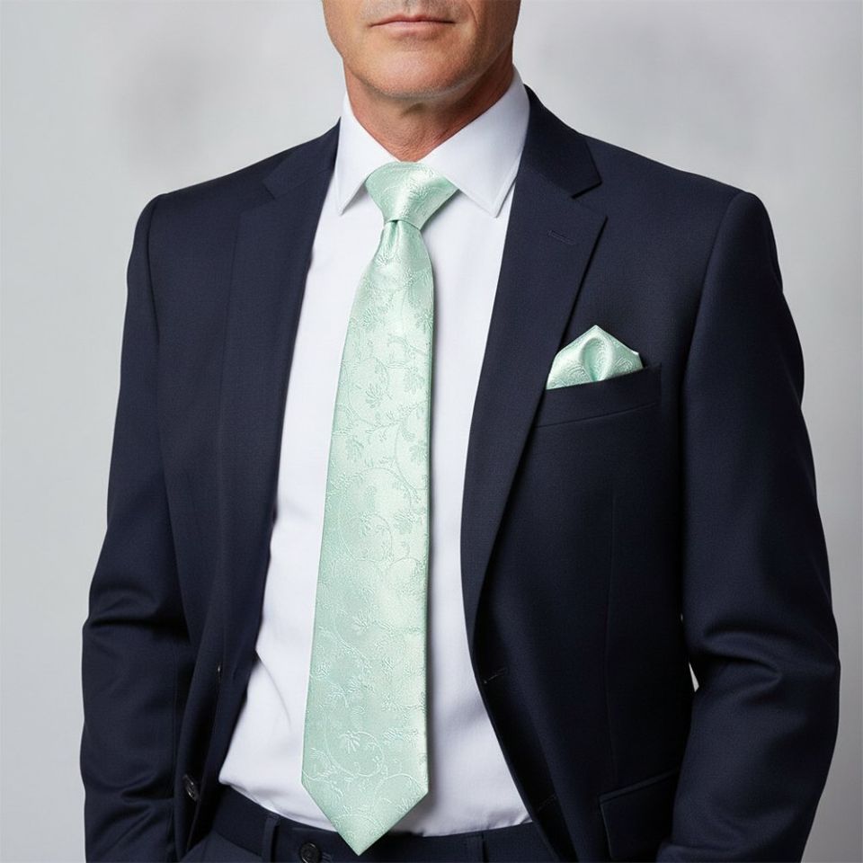 Mint Green Floral Classic Men's Tie and Pocket Square Set