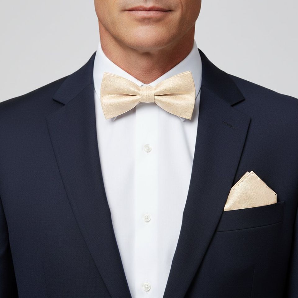 Plain Champagne Silk Mens Bow Tie and Pocket Square Set