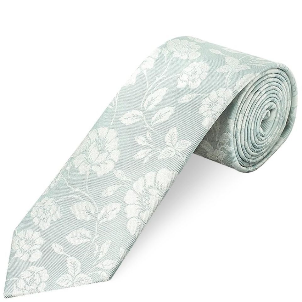 Duck Egg with White Floral Silk Classic Tie and Pocket Square Set