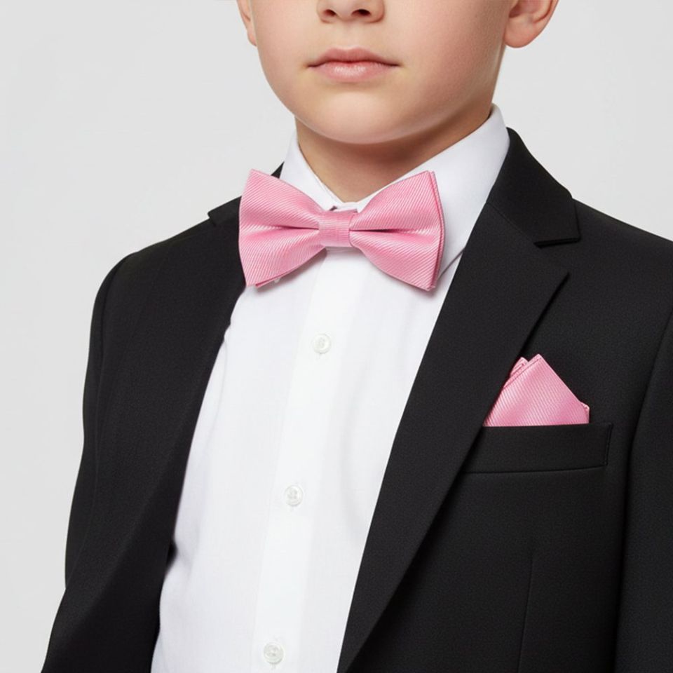 Pre Tied Blush Pink Twill Silk Boys Bow Tie and Pocket Square Set Age 8-11