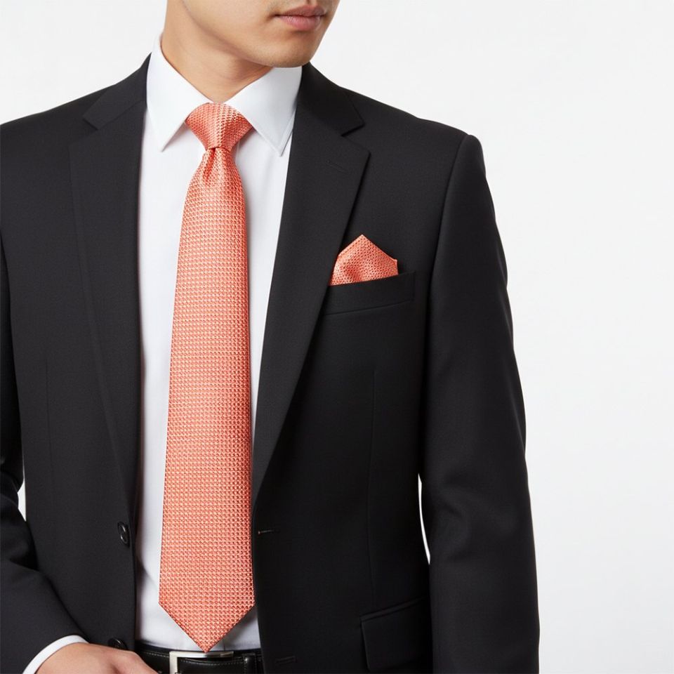 Coral Textured Classic Tie and Pocket Square Set