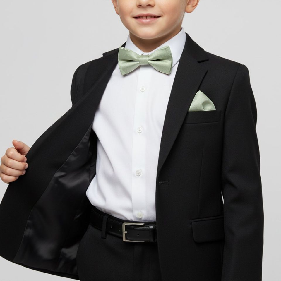 Pre Tied Light Sage Green Silk Boys Bow Tie and Pocket Square Set Age 4-7