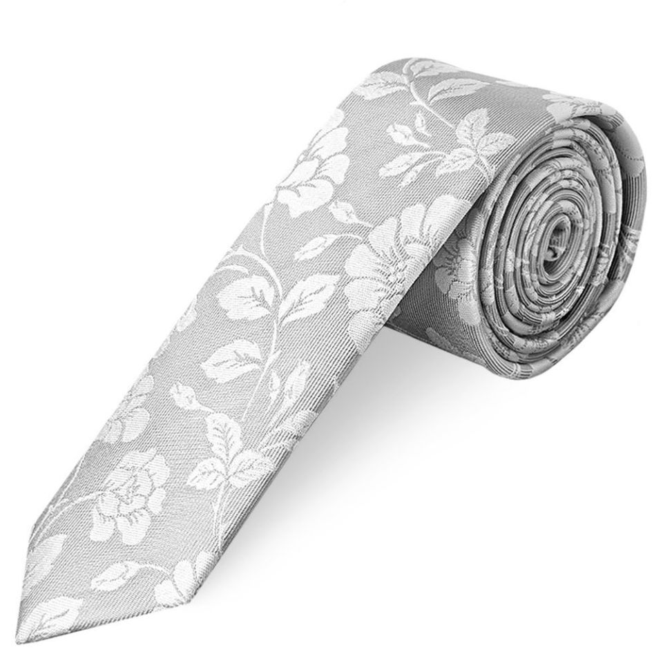 Men's Silver with White Floral Silk Skinny Tie