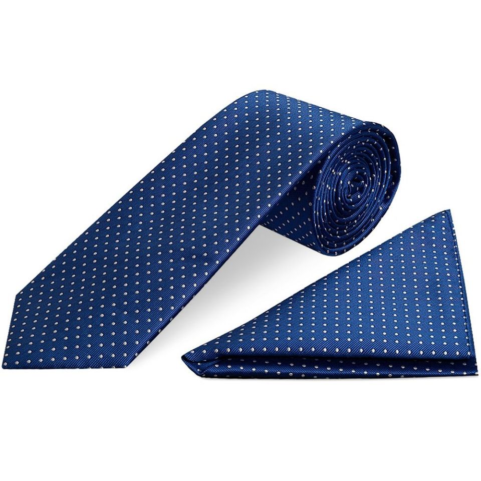 Blue and White Polka Dot Classic Men's Tie Pocket Square Set