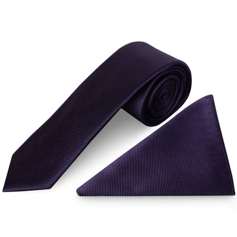Plum Silk Twill Skinny Mens Tie and Pocket Square Set