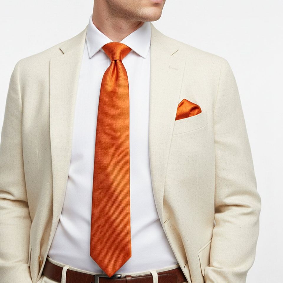 Orange Silk Twill Classic Mens Tie and Pocket Square Set
