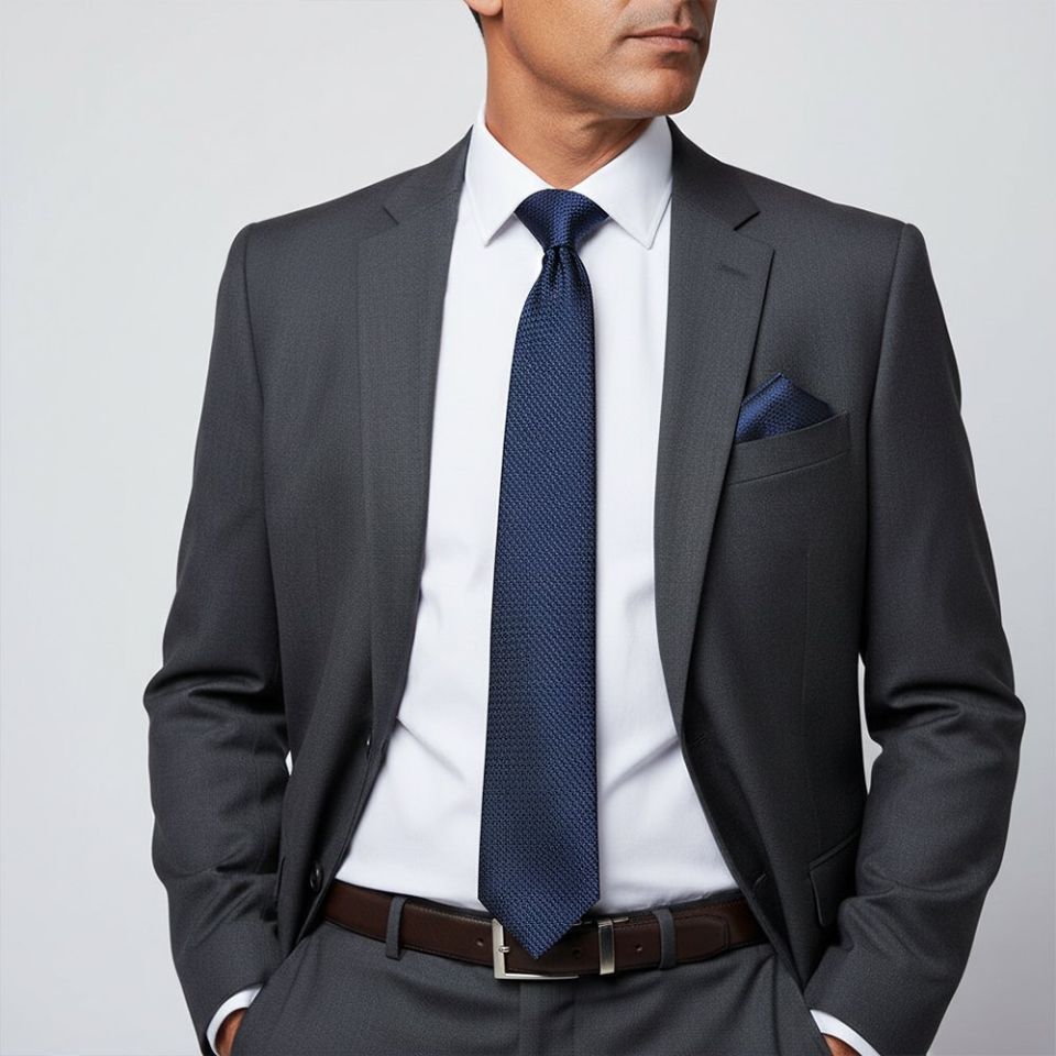 French Navy Textured Classic Tie and Pocket Square Set