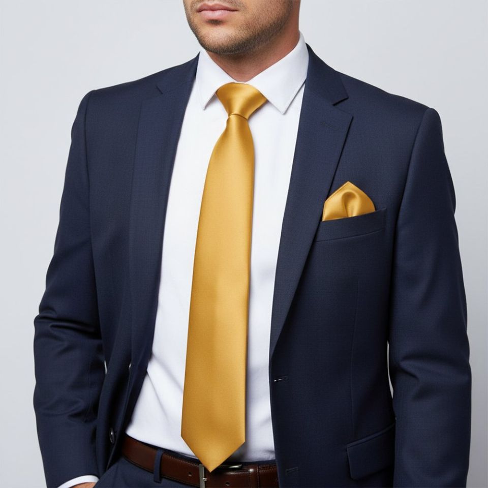 Plain Caramel Satin Classic Men's Tie and Pocket Square Set