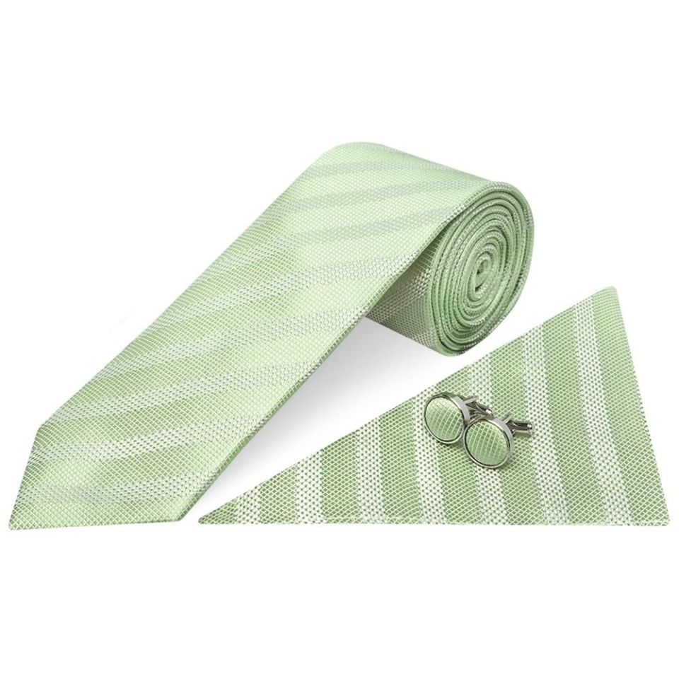Light Sage Textured Stripe Mens Silk Classic Tie Pocket Square and Cufflinks Box Set