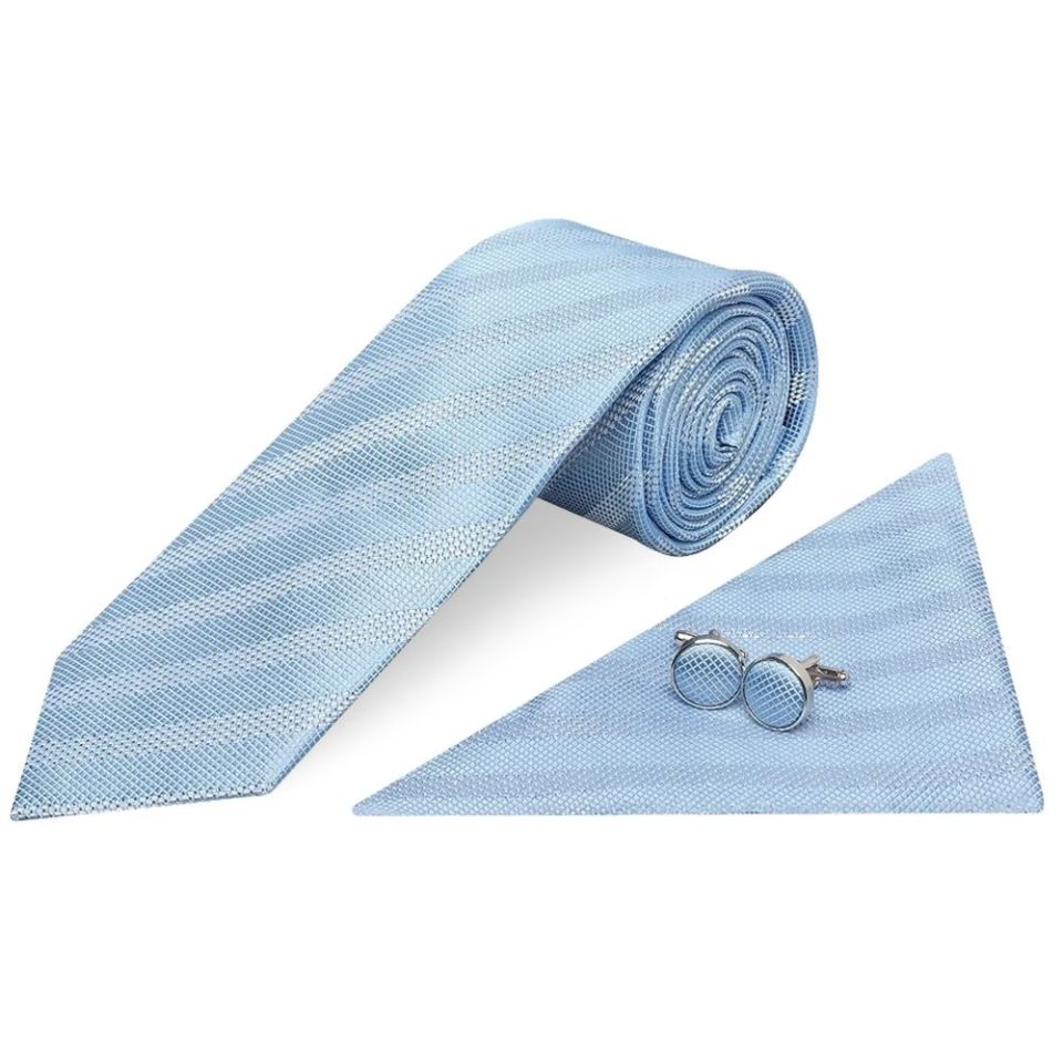 Dusty Blue Textured Stripe Mens Silk Classic Tie Pocket Square and Cufflinks Box Set