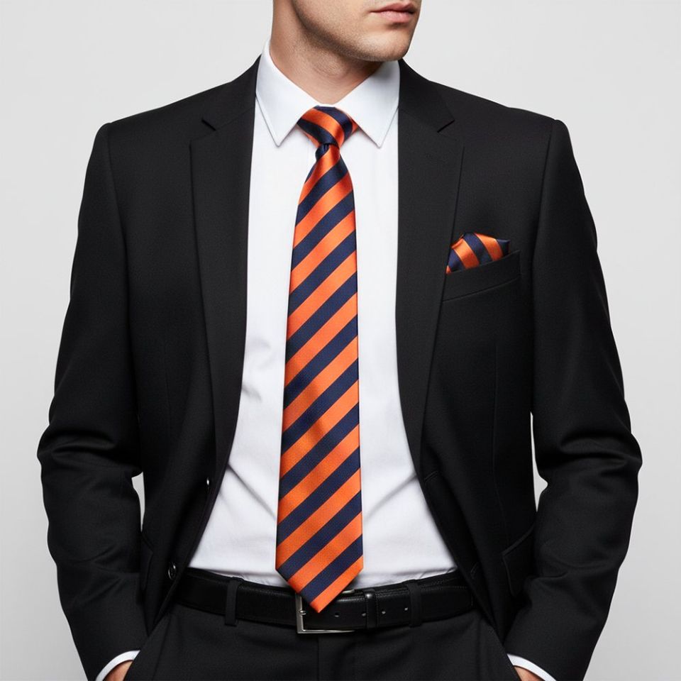Navy and Orange Striped Classic Men's Tie and Pocket Square Set