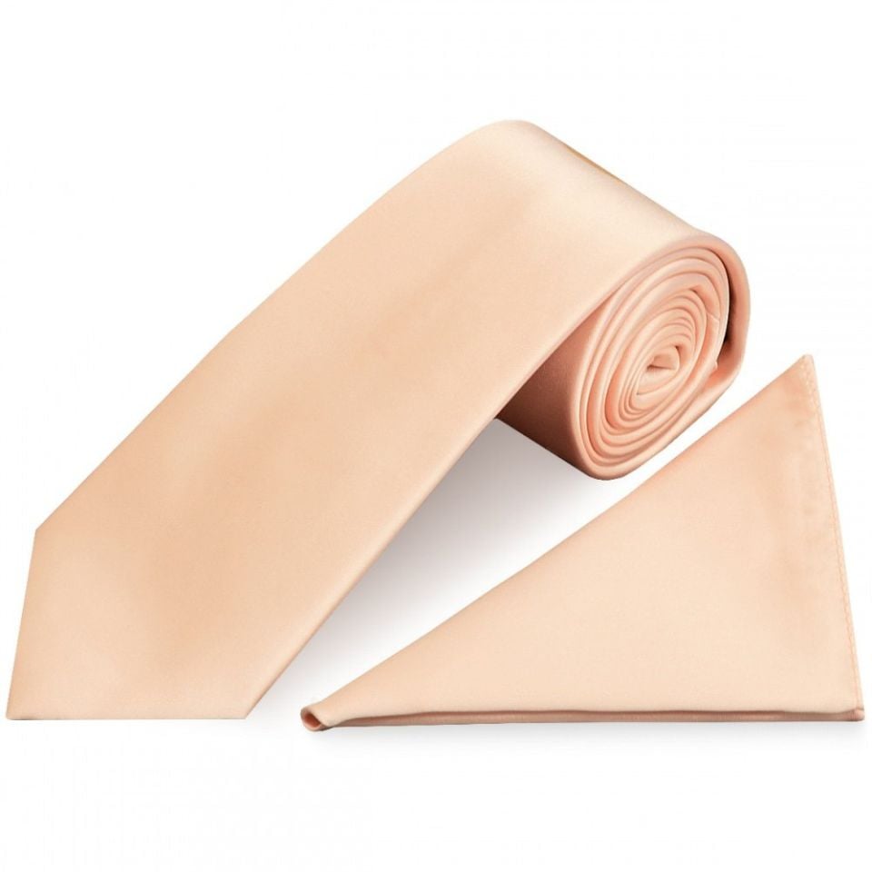 Plain Light Peach Satin Classic Men's Tie and Pocket Square Set