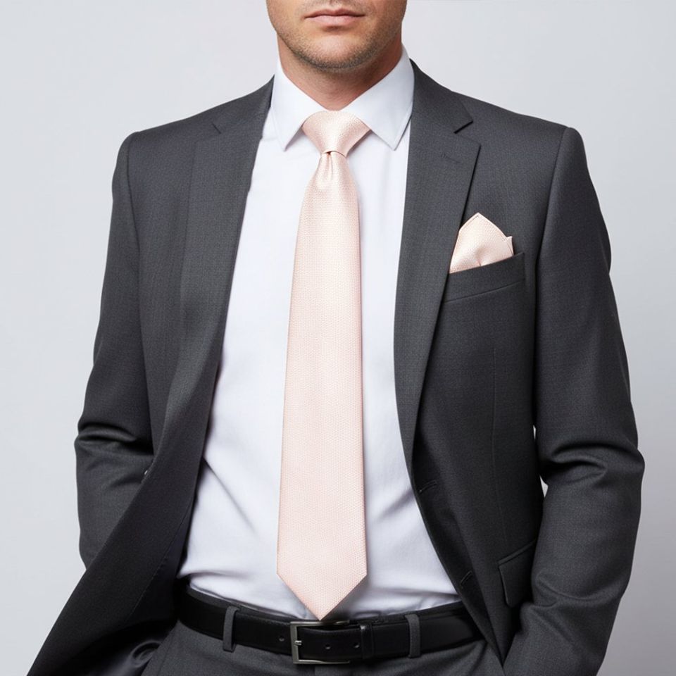 Blush Pink Textured Silk Classic Men's Tie and Pocket Square Set