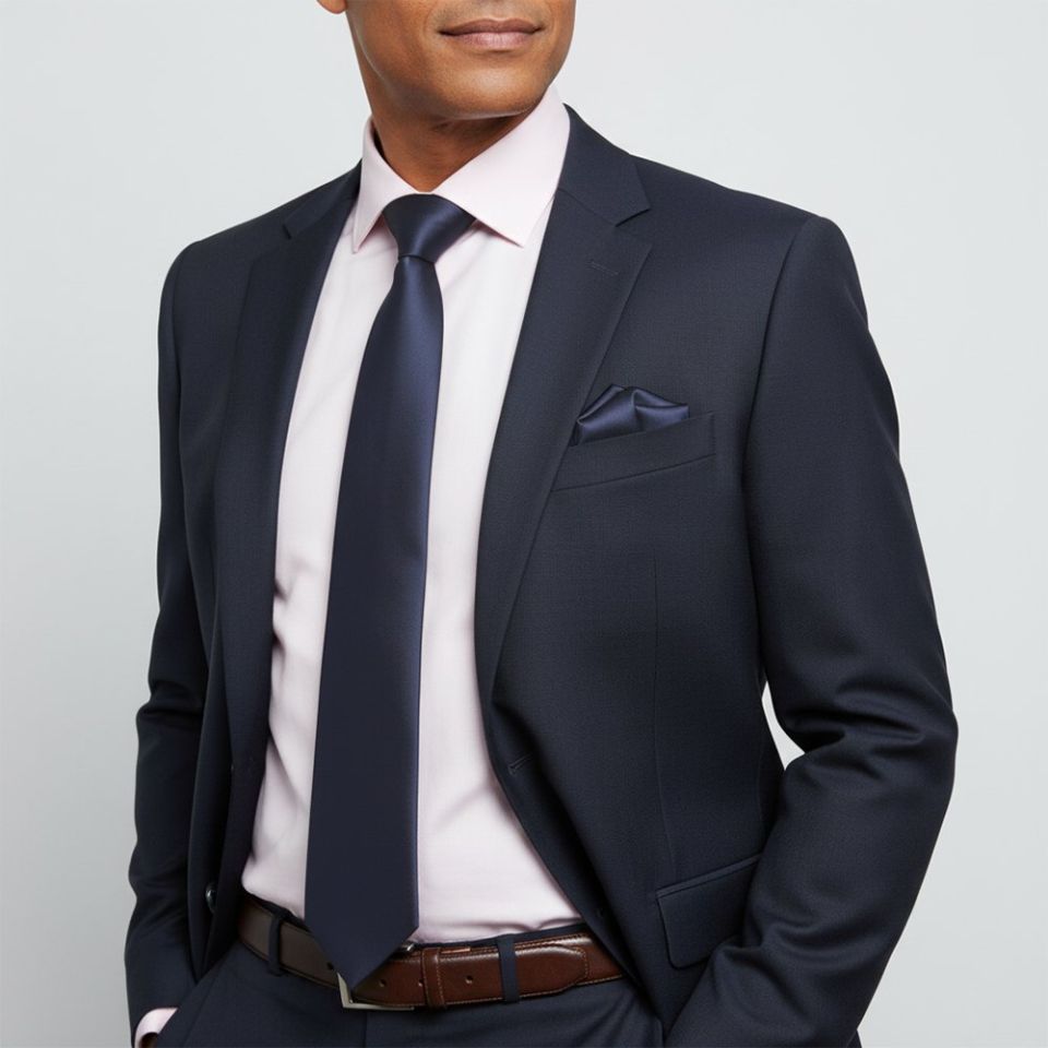 Plain Navy Blue Satin Classic Men's Tie and Pocket Square Set