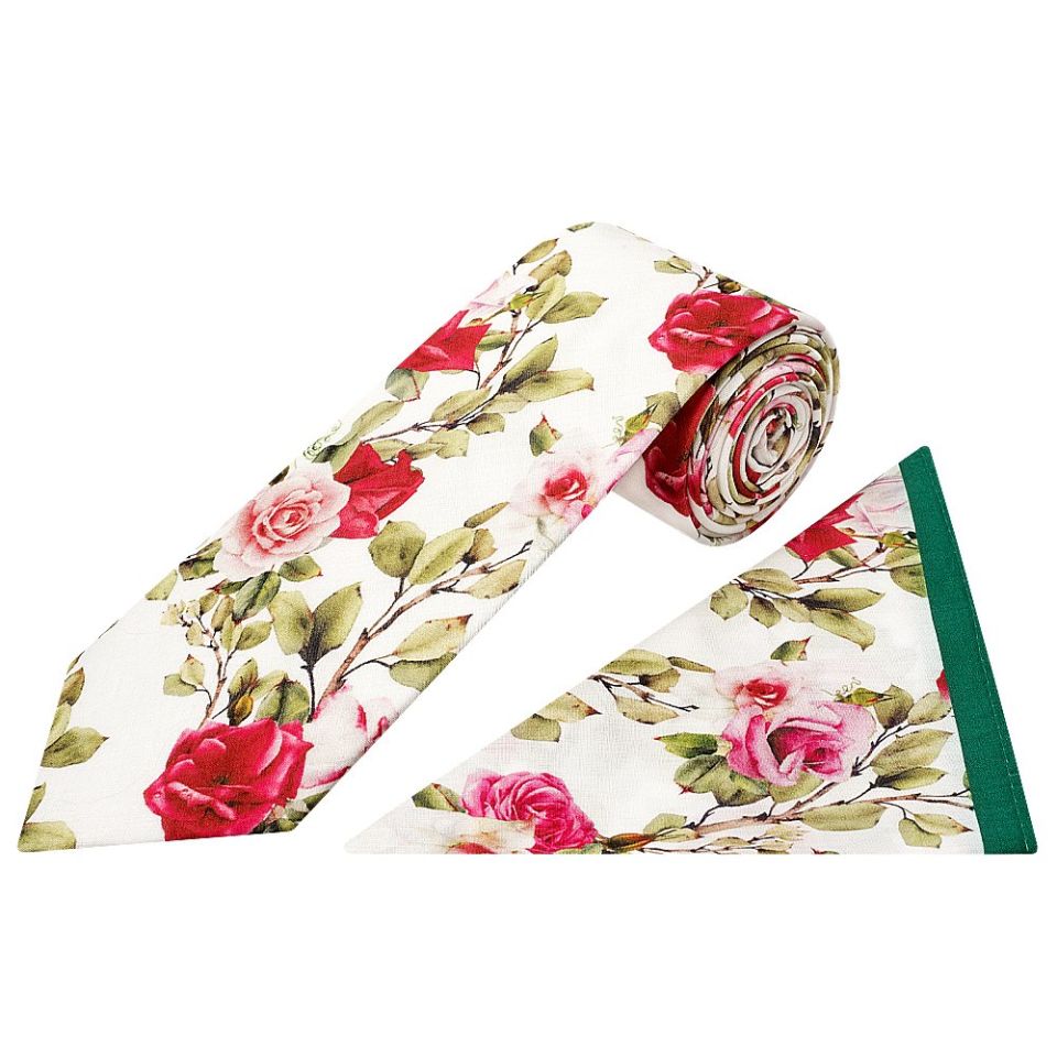 White Cotton with Green Leaves and Rose Pattern Classic Tie and Pocket Square Set