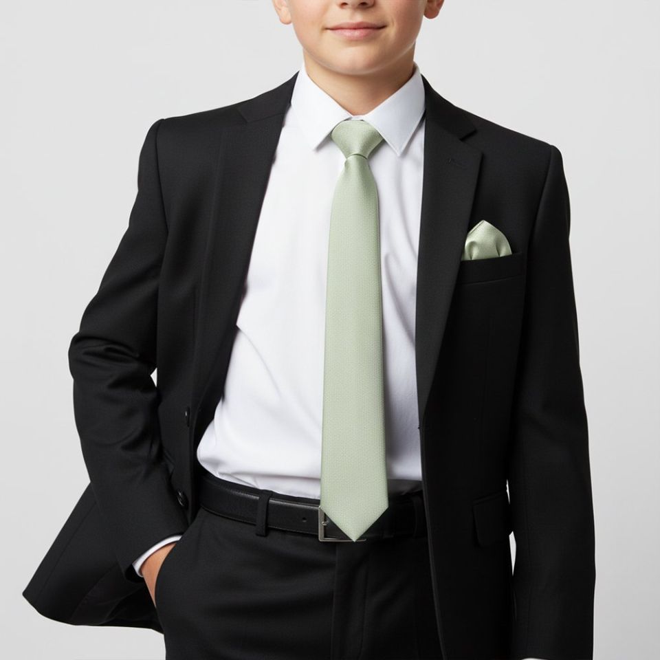 Plain Light Sage Green Silk Skinny Boys Tie and Pocket Square Set