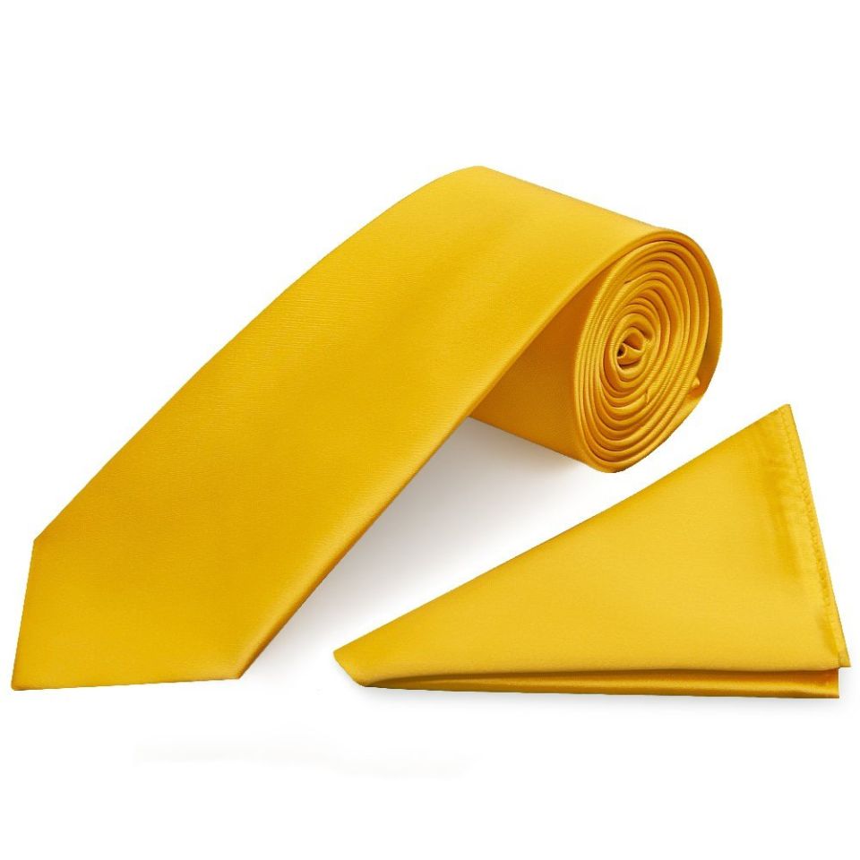 Plain Yellow Satin Classic Men's Tie and Pocket Square Set