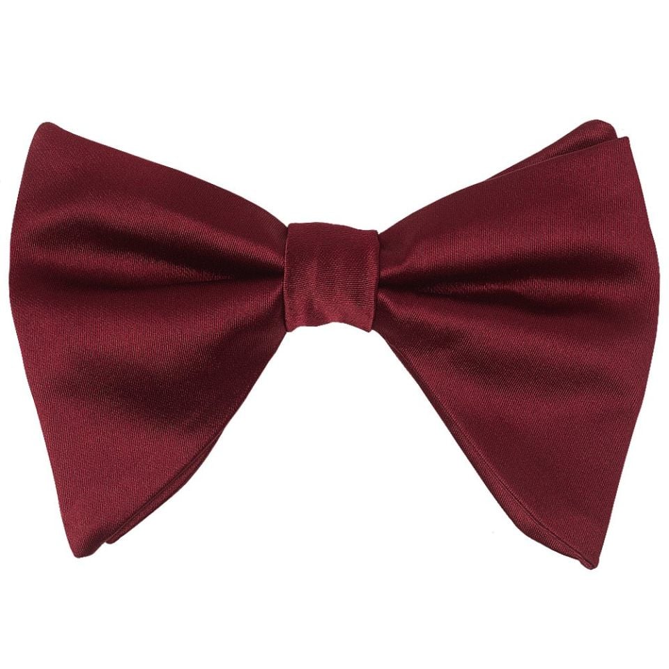 Mens Plain Burgundy Satin Oversized Bow Tie and Pocket Square Set