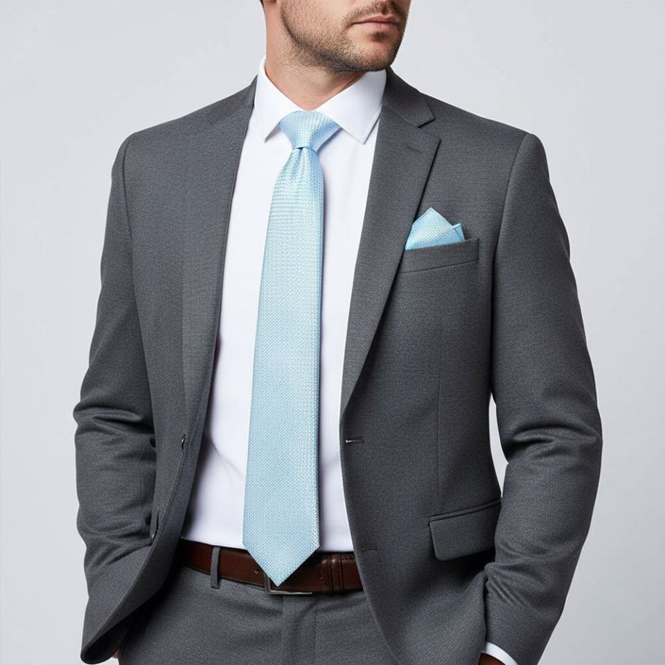 Sky Blue Textured Classic Tie and Pocket Square Set
