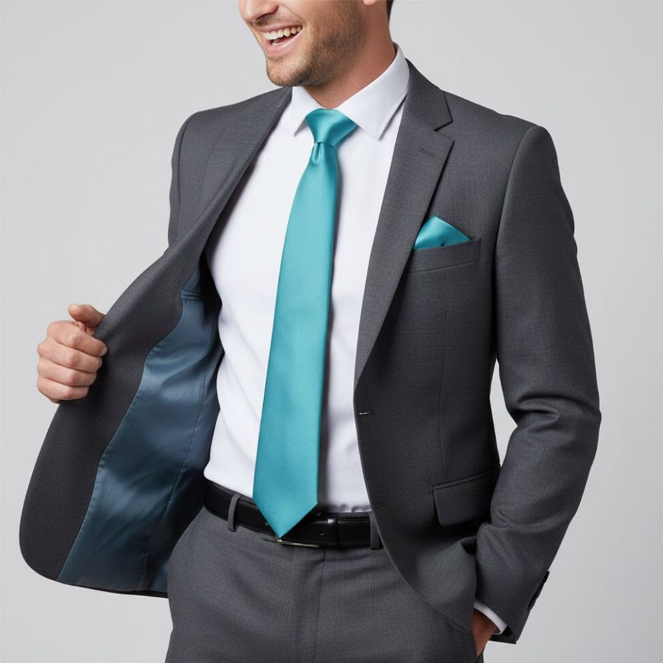 Plain Turquoise Satin Classic Men's Tie and Pocket Square Set