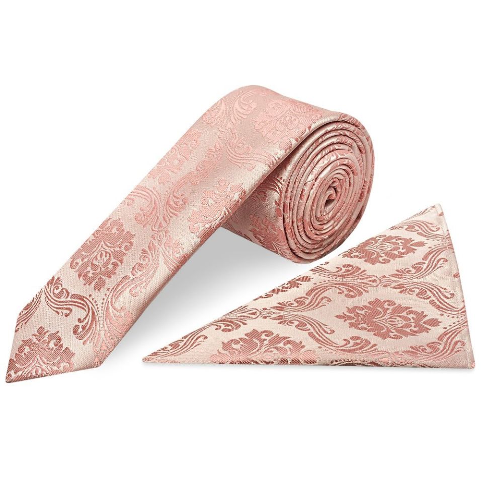 Rose Gold Paisley Skinny Men's Tie and Pocket Square Set