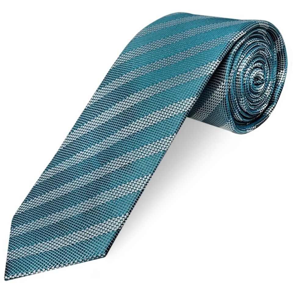 Teal Textured Stripe Mens Silk Classic Tie Pocket Square and Cufflinks Box Set