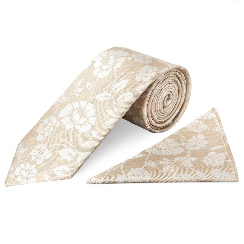 Champagne with White Floral Silk Classic Tie and Pocket Square