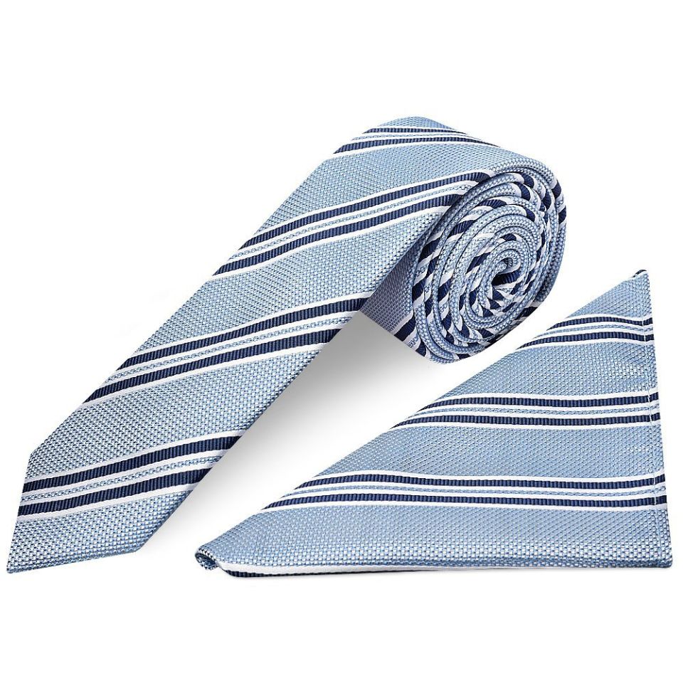 Blue Twin Stripe Skinny Men's Tie and Pocket Square Set