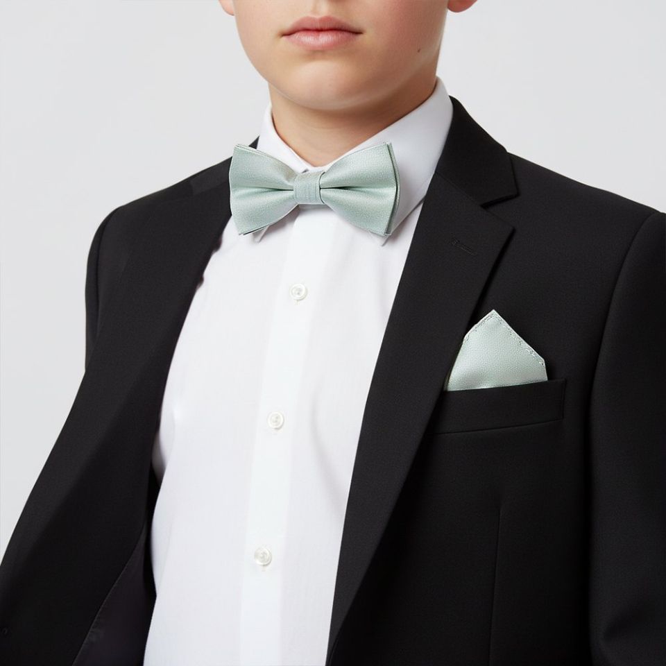 Boys Pre Tied Duck Egg Silk Bow Tie and Pocket Square Set Age 8-11