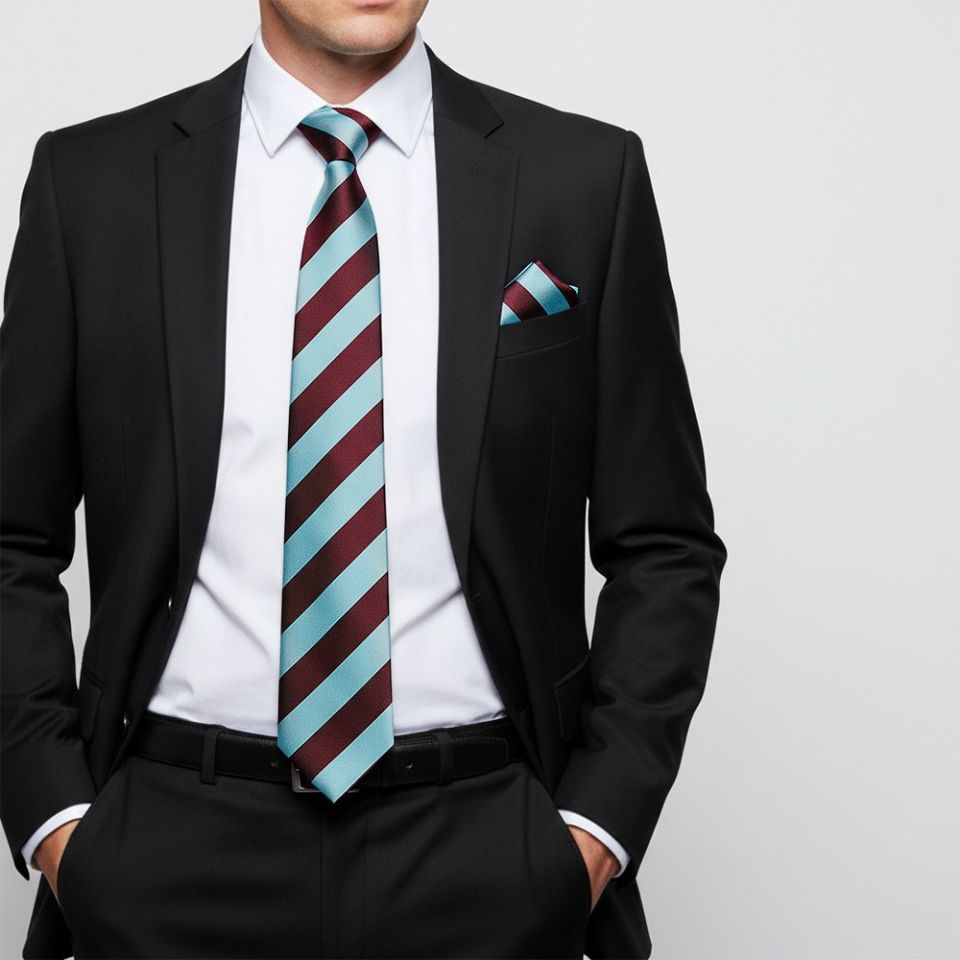 Claret and Blue Striped Hand Made Classic Men's Football Tie and Pocket Square Set
