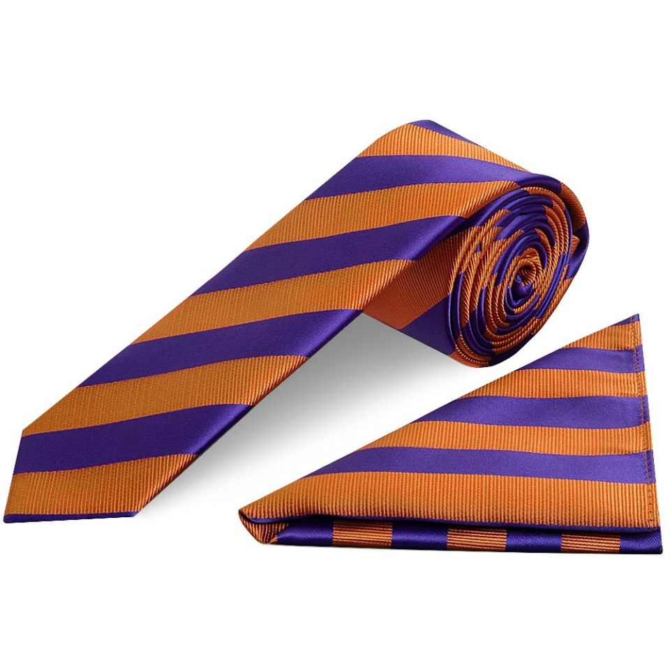 Purple and Orange Striped Skinny Men's Tie and Pocket Square Set