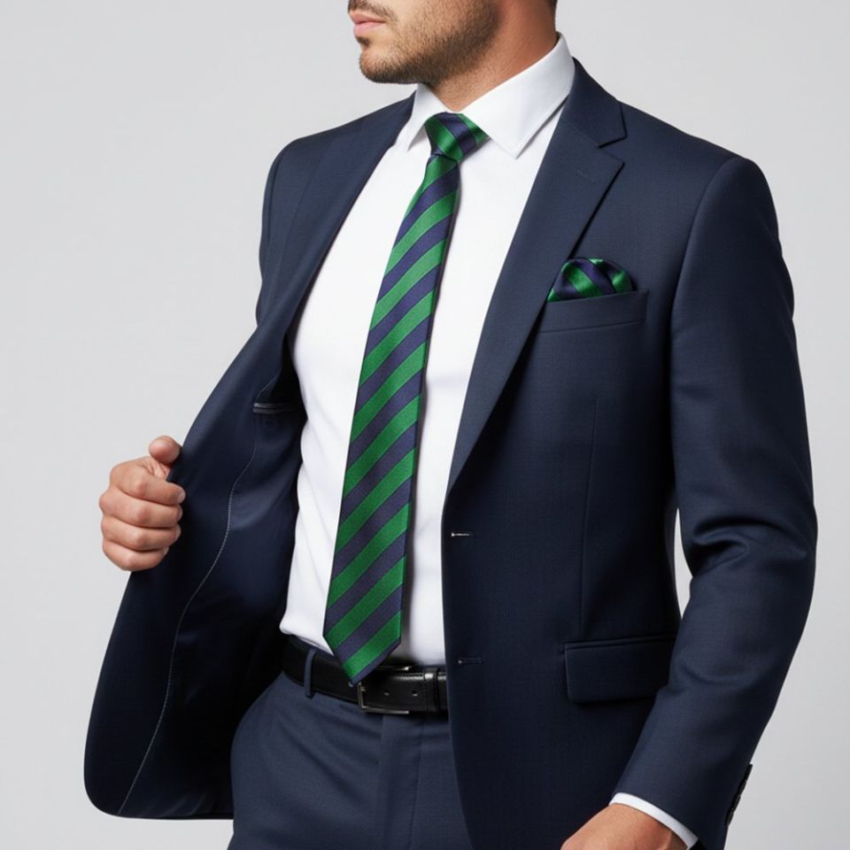 Navy and Green Striped Classic Men's Tie and Pocket Square Set