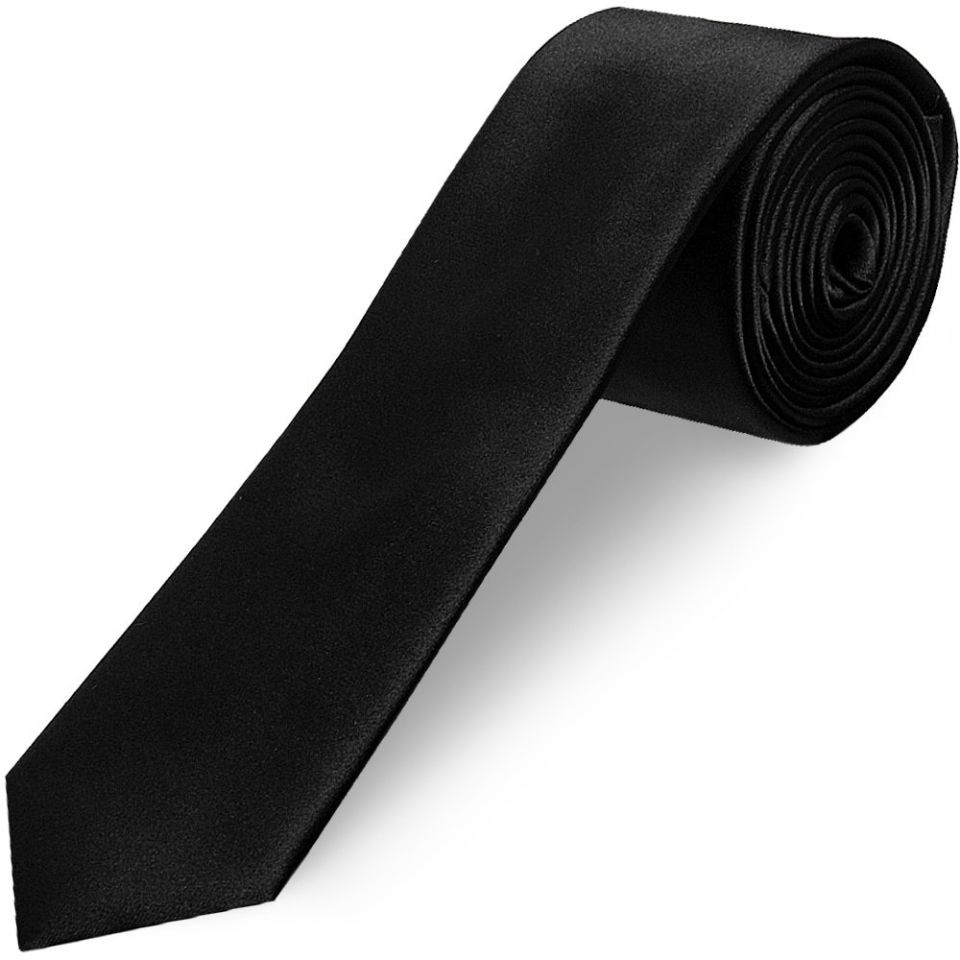 Plain Black Satin Skinny Men's Tie and Pocket Square Set