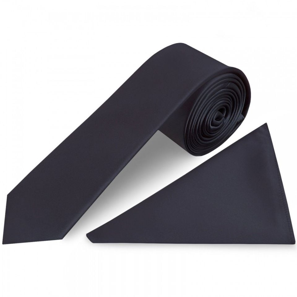 Plain Navy Blue Satin Skinny Men's Tie and Pocket Square Set