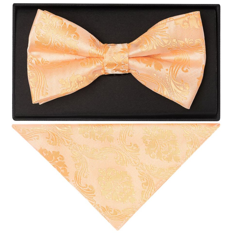 Peach Paisley Handmade Mens Bow Tie and Pocket Square Set